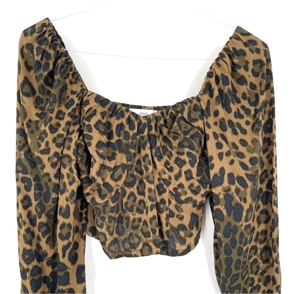 Mango Mng Leopard Animal Print Ruched Sleeve Smocked Back Top - Picture 5 of 9